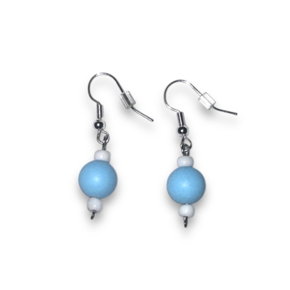 3 FOR $20 HANDCRAFTED Blue Round Matte Acrylic & White Seed Beaded Earrings